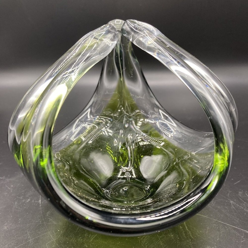 Vintage Murano Style Art Glass Basket Candle Holder Dish Green & Clear